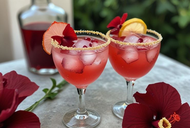 Drink Jardim Secreto exótico e sofisticado que combina gin com hibisco, licor de flor de sabugueiro, suco de lichia e um toque de lavanda.