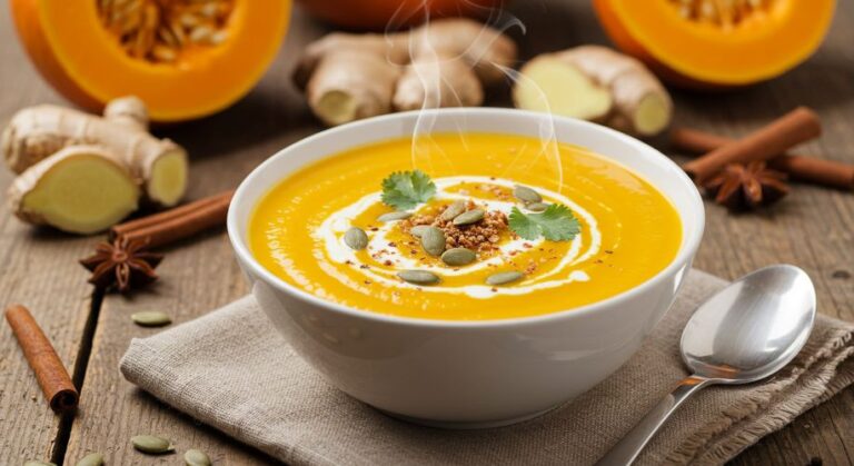 Esta Sopa de Abóbora com Gengibre é a refeição perfeita para um dia frio. É cremosa, saborosa e um pouco apimentada,