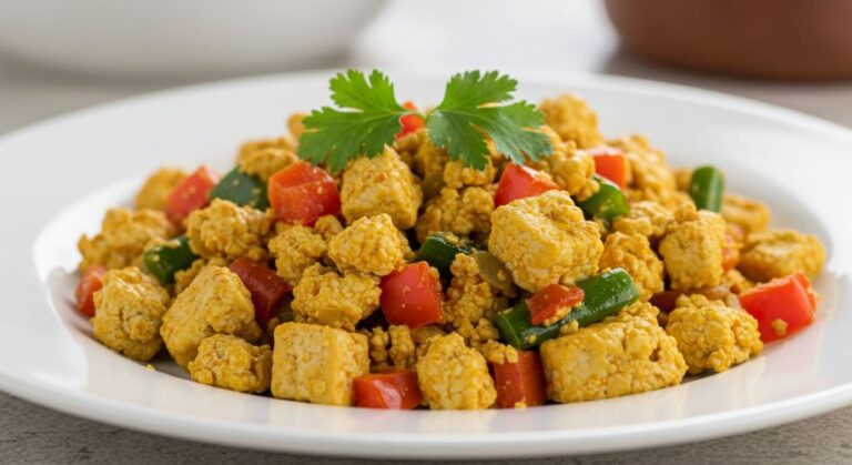 Tofu mexido com especiarias e vegetais. É uma maneira deliciosa e fácil de adicionar mais proteínas vegetais à sua dieta.