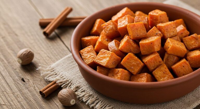 Batata-doce assada com canela e noz-moscada. Esta receita é uma boa fonte de vitaminas A e C, bem como de fibras e potássio.