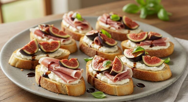 Bruschetta de Presunto e Figo É a combinação perfeita de sabores e texturas, e certamente será um sucesso em qualquer festa.