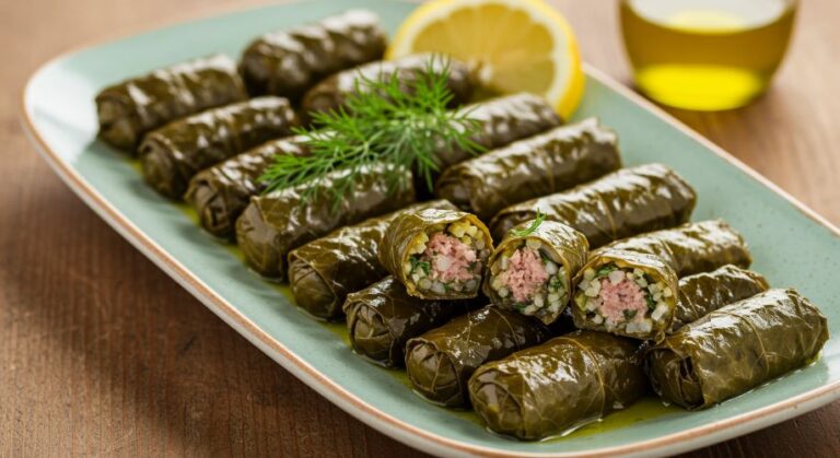Dolmades: Folhas de uva recheadas com arroz e ervas. Eles certamente serão um sucesso com sua família e amigos.