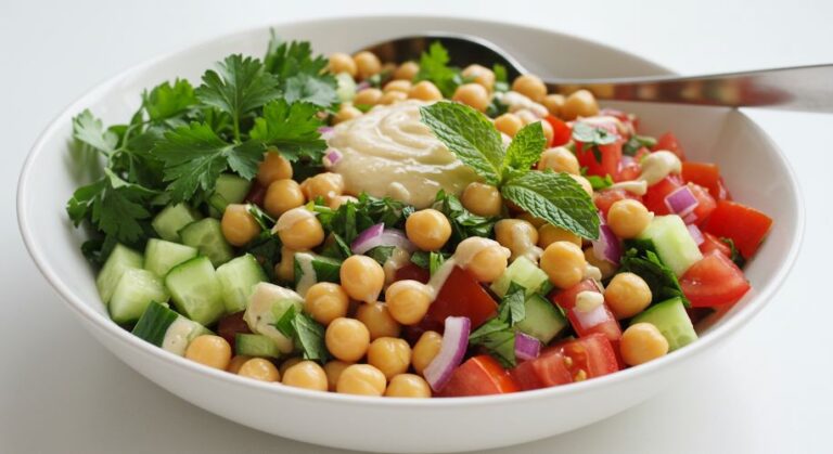 Salada de Grão-de-Bico com Molho de Tahine e Ervas Frescas: Uma Refeição Completa e Refrescante. Acompanhe em nosso site
