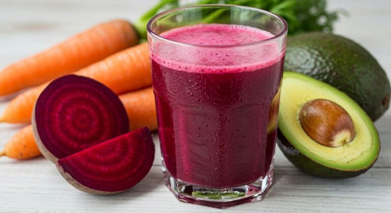 Suco Energético de Beterraba, Abacate e Cenoura com Xarope de Bordo. Aproveite este suco delicioso e nutritivo para um impulso de energia!